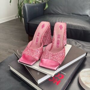 The Attico Hot Pink Glitter Satin Block Heel Mules